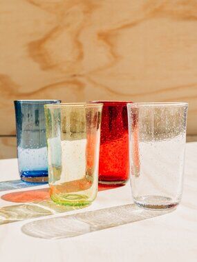 Set of 4 Hand Blown Handmade Bubble Drinking Glasses | Red, Blue, Yellow, White